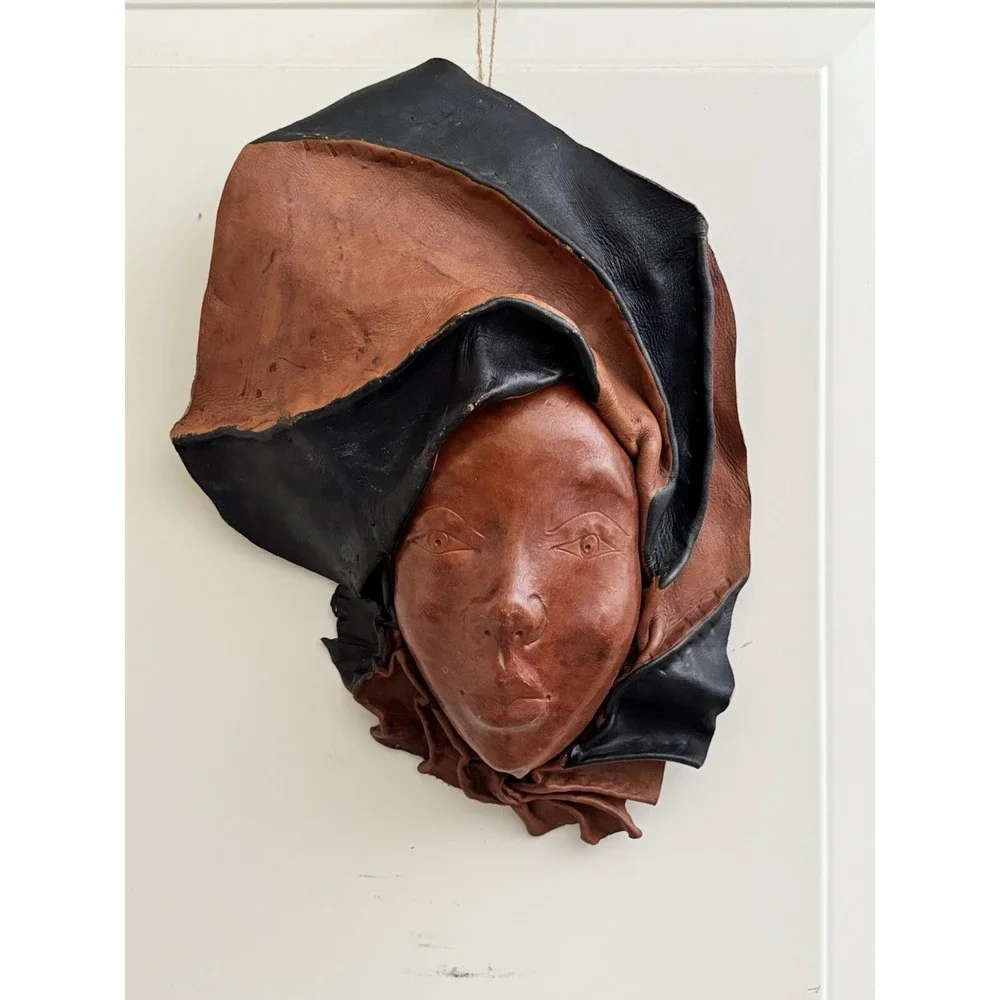 Vintage Africa Tribal‎ Leather Face Mask Hand Sculptured Decorative Wall Art